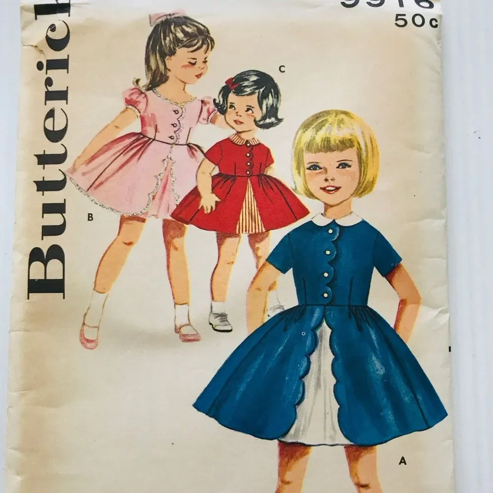 Vintage 1960's Butterick Sewing Pattern 9916 Girls Dress Scalloped Front Sz 4